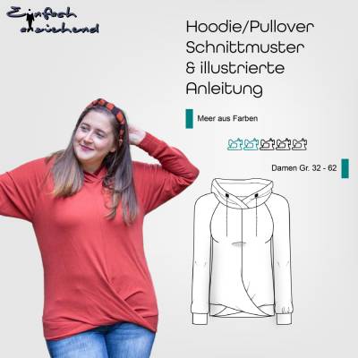 PDF Schnittmuster Damen Pullover oder Hoodie Größe 32-62 mit Twist/Knoten, Kapuze oder Rundhals, deutsche Nähanleitung