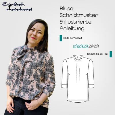 PDF Schnittmuster Damen Bluse Größe 32 - 62 mit abnehmbarer Schluppe und verschiedenen Ärmellängen, ärmellos