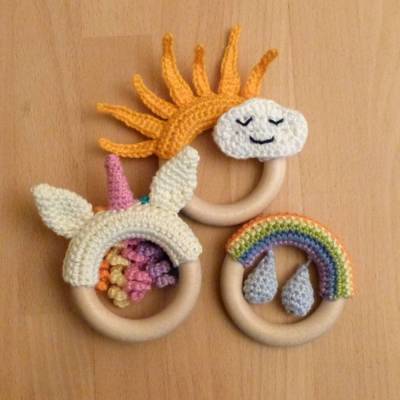 Häkelanleitung Greiflinge Einhorn, Regenbogen und Sonne, Beißringe, pdf-Datei