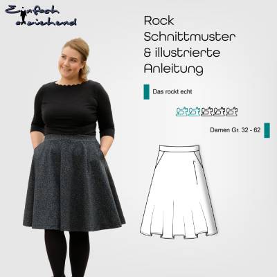 PDF Schnittmuster Damen Rock Größe 32-62 mit optionalen Taschen und zwei Längen, A-Linie, deutsche Nähanleitung