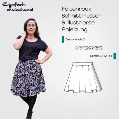 PDF Schnittmuster Damen Faltenrock Größe 32-54 aus Maschenware, elastischer Bund ohne Verschluss, deutsche Nähanleitung