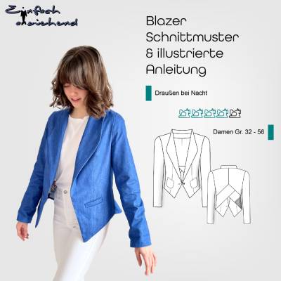 PDF Schnittmuster Damen Blazer in den Größen 32-56 mit Spaten Kragen und hohem Rückenausschnitt mit optionalem Volant