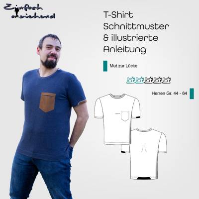 PDF Schnittmuster Herren T-shirt Größe 44-64 als Basic oder mit besonderen Akzenten und Brusttasche, deutsche Nähanleitu
