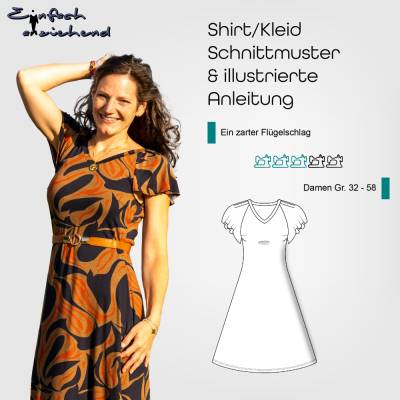 PDF Schnittmuster Damen Sommerkleid oder Jerseyshirt in den Größen 32-58 auf deutsch mit Falten-Flügelärmeln