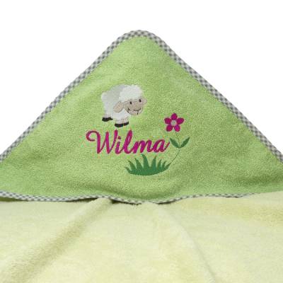 Kapuzenhandtuch mit Namen, Motiv Schäfchen, Babyhandtuch personalisiert, Badehandtuch mit Kapuze, Geschenk zur Taufe