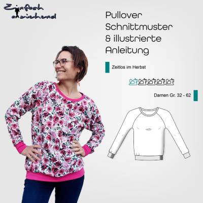 PDF Schnittmuster Damen Sweater Größe 32-62 mit Raglan-Fledermausärmeln, deutsche Nähanleitung