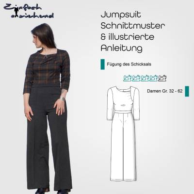 PDF Schnittmuster Damen Jumpsuit Größe 32-62 verschiedene Ärmellängen oder ärmellos, Faltenoberteil, deutsche Anleitung