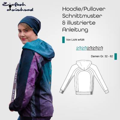 PDF Schnittmuster Damen Pullover oder Hoodie Größen 32 - 62, mit Regenbogenrücken für Colorblocking, deutsche Nähanleitu