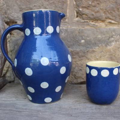 2 tlg. Set Milchkrug Saftkrug Kakaokrug mit Becher Polka Dots Bürgel Keramik 50er 60er Jahre DDR