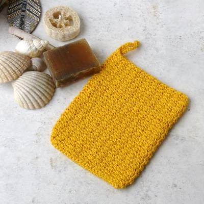 Waschhandschuh, Waschlappen, Baumwolle, gelb, Handarbeit, gehäkelt