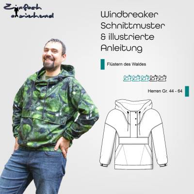 PDF Schnittmuster für einen praktischen Herren Windbreaker mit großer Tasche und Kapuze in den Größen 44-64 auf deutsch