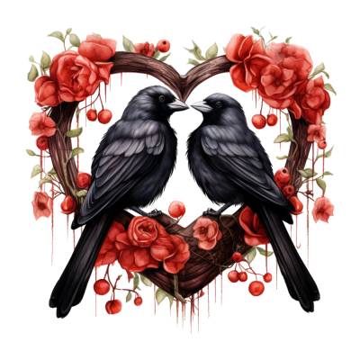 Verliebte Raben Herz Rosen Gothic Bügelbild DIY Bügelmotiv Applikation
