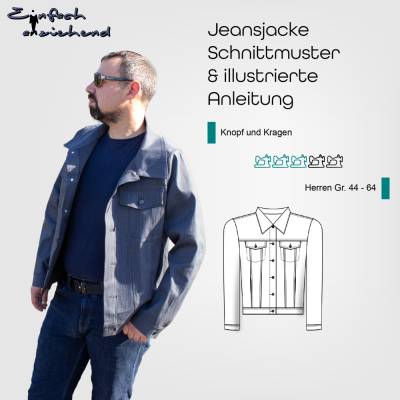 PDF Schnittmuster Herren Jeans Jacke Größe 44-64 mit Kragen, Brusttasche, Bauchtasche, Manschetten, Knöpfen
