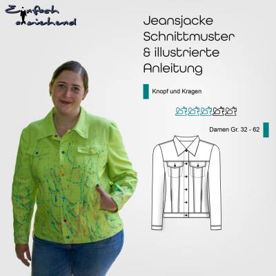 PDF Schnittmuster Damen Jeans Jacke Größe 44-64 mit Kragen, Brusttasche, Bauchtasche, Manschetten, Knöpfen