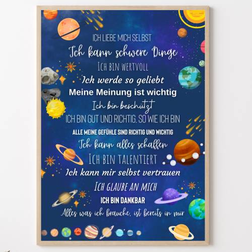 Affirmationsposter Kinderzimmer Weltall – Positive Glaubenssätze & Planeten für Kinder