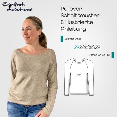 PDF Schnittmuster Damen Pullover Größe 32-62 mit Raglanärmeln und 2 Ausschnittweiten, deutsche Nähanleitung
