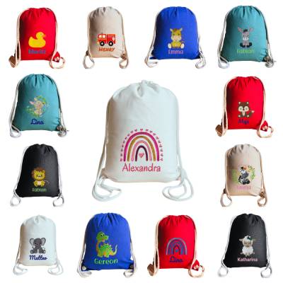 Bio-Kinderturnbeutel bestickt, mit Name und Motiv, personalisiert, Sportbeutel, Gymsack, Geschenk zur Einschulung, 