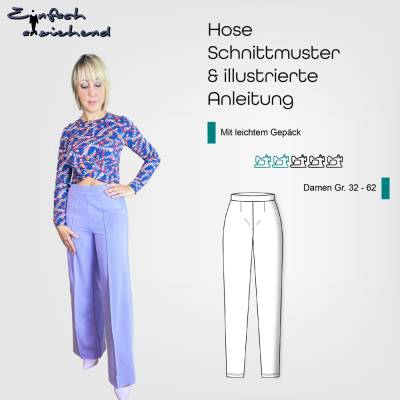 PDF Schnittmuster Damen Hose Größe 32-62 mit optionalen Taschen, zwei Beinweiten, deutsche Anleitung
