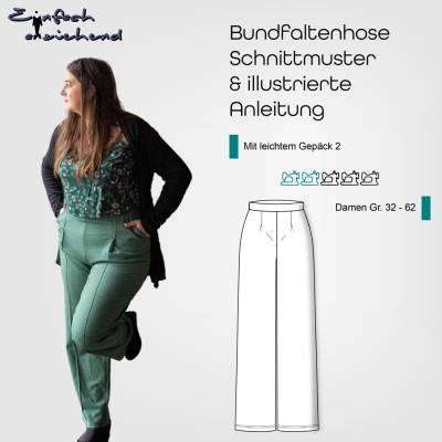 PDF Schnittmuster Damen Bundfaltenhose Größe 32-62 mit optionalen Taschen, zwei Beinweiten, deutsche Anleitung
