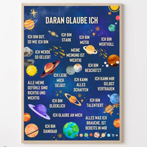Affirmationsposter Kinderzimmer Weltall mit positiven Glaubenssätzen für Kinder, Planeten Druck Kinder