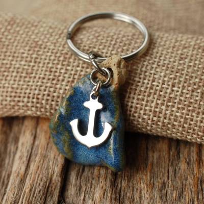 Maritime Schlüsselanhänger blau mit Anker - Keramik und Edelstahl