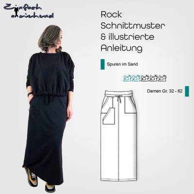 PDF Schnittmuster Damen Rock Größe 32-62 bodenlang (Maxirock), mit verschiedenen Taschen, dehnbar, deutsche Nähanleitung