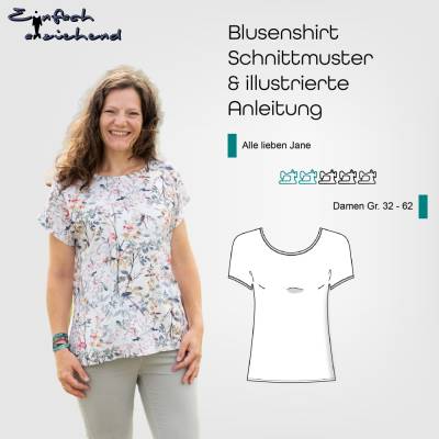 PDF Schnittmuster Damen Blusenshirt Größe 32 - 62 locker, bequem, schnell genäht, für Anfänger, deutsche Anleitung