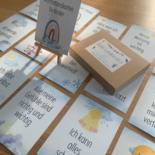 Affirmationskarten Kinder – 16 Mutmach Karten mit Echtholzstaffelei & Wetter Motiven, Positive Glaubenssätze, Geschenkidee