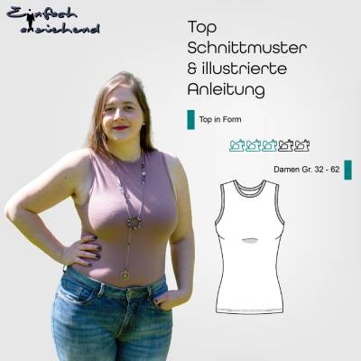 PDF Schnittmuster Damen Top Größe 32-62 super Basic mit engem Rundhals Ausschnitt oder Rollkragen, deutsche Nähanleitung