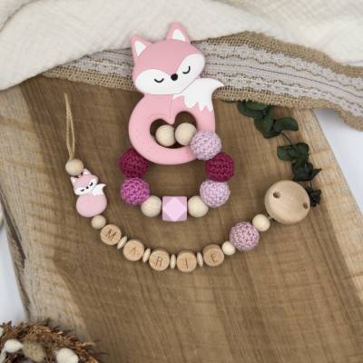 Set Fuchs Baby rosa Mädchen Schnullerkette Greifring 