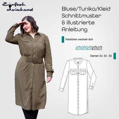 PDF Schnittmuster Damen Bluse | Kleid Größe 32 - 62 Kragen, Manschetten, Knopfleiste, Seitenschlitze, deutsche Anleitung