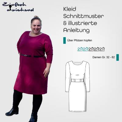 PDF Schnittmuster Damen Kleid Größe 32 - 62 mit Ärmeln und Taillenabtrennung mit Gürtelschlaufen, deutsche Nähanleitung