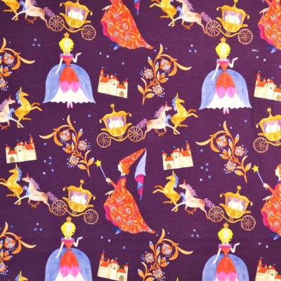 ♕ Jersey aubergine mit Prinzesssin Kutsche Einhorn 50 x 150 cm Nähen Stoff Hilco ♕