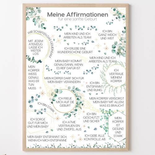 Hypnobirthing Affirmationsposter – Positive Geburtsaffirmationen Wandbild Eukalyptusdesign