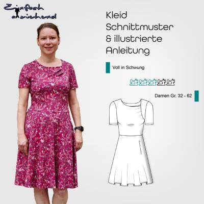 PDF Schnittmuster Damen Kleid Größe 32-62 mit Ärmeln oder ärmellos, mit Taschen und ausgefallenem Oberteil