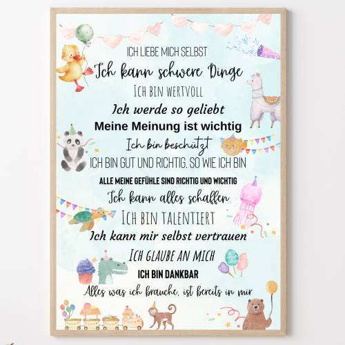 Kinderzimmer Druck: Affirmationsposter Tiere mit 14 positiven Glaubenssätzen – Kinderposter für mehr Selbstliebe
