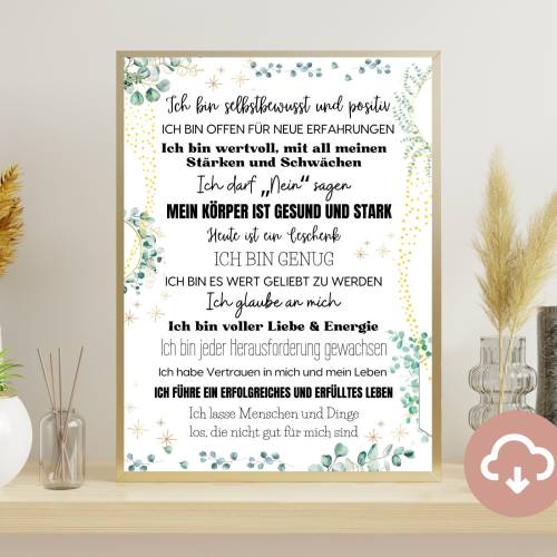Selbstliebe Affirmationsposter Erwachsene – PDF Download, Achtsame Glaubenssätze, Eukalyptus Design