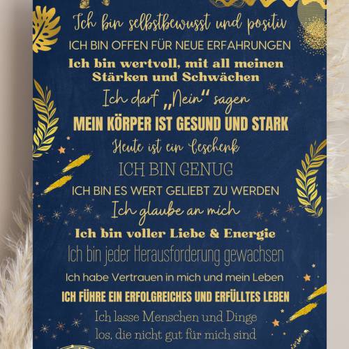 Achtsamkeit Poster: Positive Glaubenssätze in Blaugold für mehr Selbstliebe & Selbstfürsorge