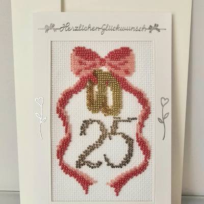 Gestickte Grußkarte, Silberne Hochzeit, Glückwunschkarte, Handarbeit