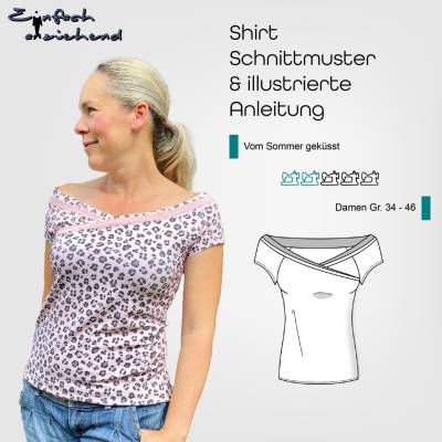 PDF Schnittmuster Damen Shirt Größe 34-46 aus Jersey mit asymmetrischem Ausschnitt, deutsche Anleitung, direkt anfangen