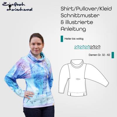 PDF Schnittmuster Damen Shirt / Pullover / Kleid Größe 32-62 mit ausgefallenen Ärmeln, deutsche Nähanleitung