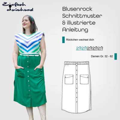 PDF Schnittmuster Damen Rock Größe 32 - 62 Taschen, Gürtelschlaufen, Knopfleiste, Seitenschlitze, deutsche Anleitung