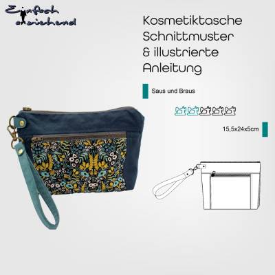 PDF Schnittmuster Tasche / Kosmetiktasche mit Außenfach mit Falte und 3 Innenfächern für Karten, stabiler Boden