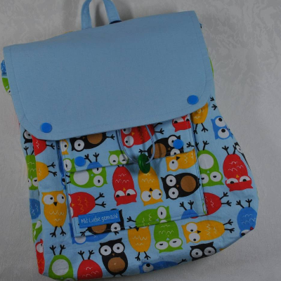 Handgenähter Kinderrucksack Eulen hellblau – farbenfroher Rucksack für Kindergarten & Ausflüge