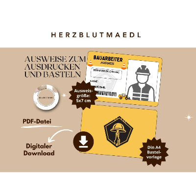 Kinderausweis Bauarbeiter für Kindergeburtstag Baustellenparty - Tolles Accessoire für kleine Bauarbeiter - Bastelvorlag