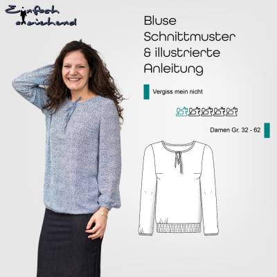 PDF Schnittmuster Damen Bluse Größe 32 - 62 locker, bequem, schnell genäht, mit Bindeband und Gummibund