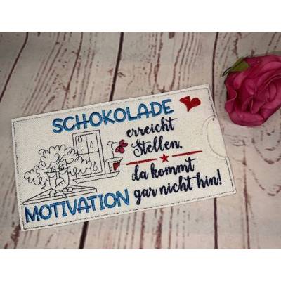 Lustiges Geschenk Schokihülle Schokoladenhülle/ Schokitasche Handarbeit Freunde Motivation bestickt