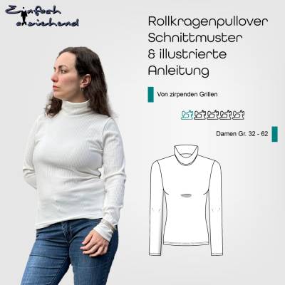 PDF Schnittmuster Damen Rollkragenpullover Größe 32 - 62 Rolli eng mit 2 Ärmeln, deutsche Nähanleitung
