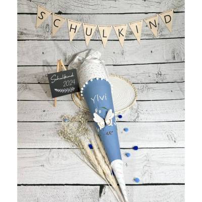 Mädchen Schultüte mit 3D Schmetterling im Blütenkranz aus Stoff 70 cm