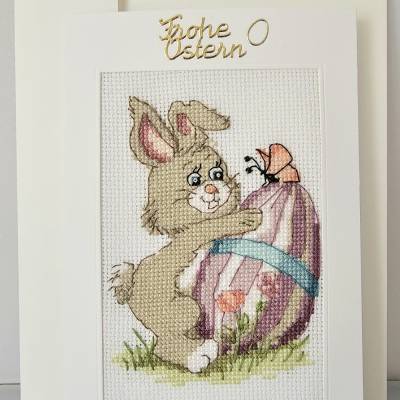 Osterkarte, Gestickte Grußkarte, Glückwunschkarte,  Klappkarte, Handarbeit